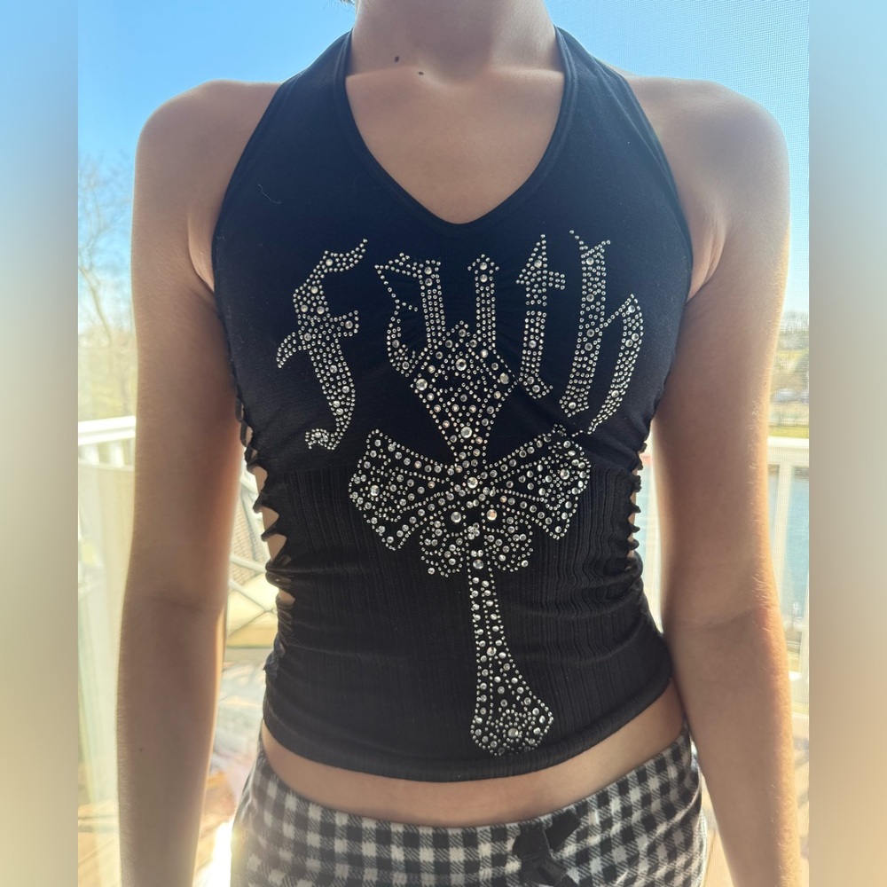 Black Rhinestone Embellished Halter Top